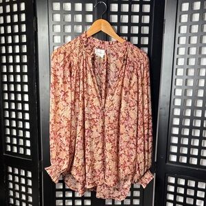 🩷 Anthropologie Pink Cream Floral Cotton Button Down Blouse Women’s Small 🩷